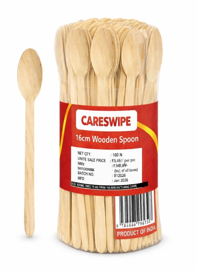 Careswipe Disposable Wooden Spoons Pack of 100-160MM for Parties, Birthday, Events & Takeaway 16cm - Image 1